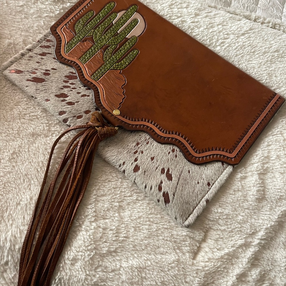 Allred Brown and Cream Leather Clutch with Cactus Design